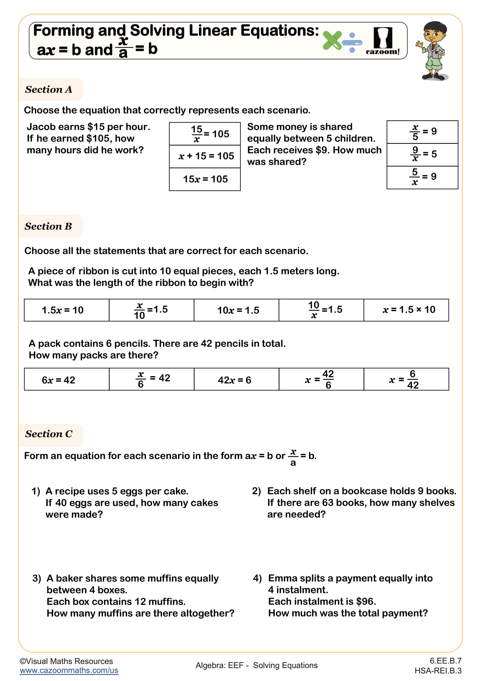 Preview of Forming and Solving Linear Equations:  a𝑥 = b and 𝑥/a = b