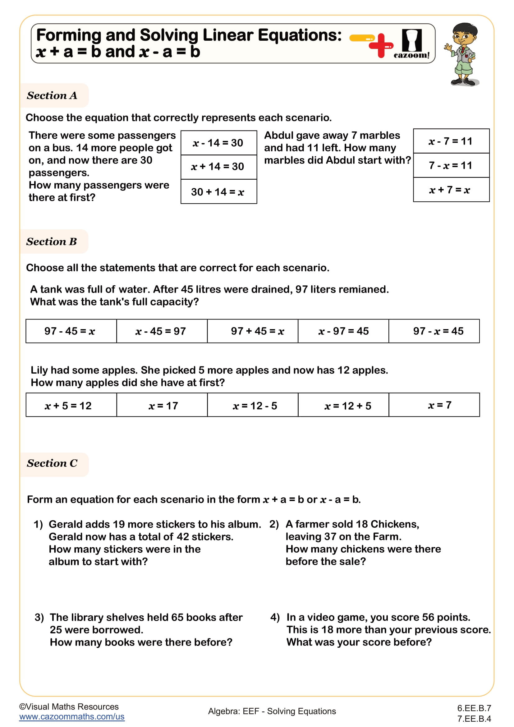 Preview of Forming and Solving Linear Equations:  𝑥 + a = b and 𝑥 - a = b