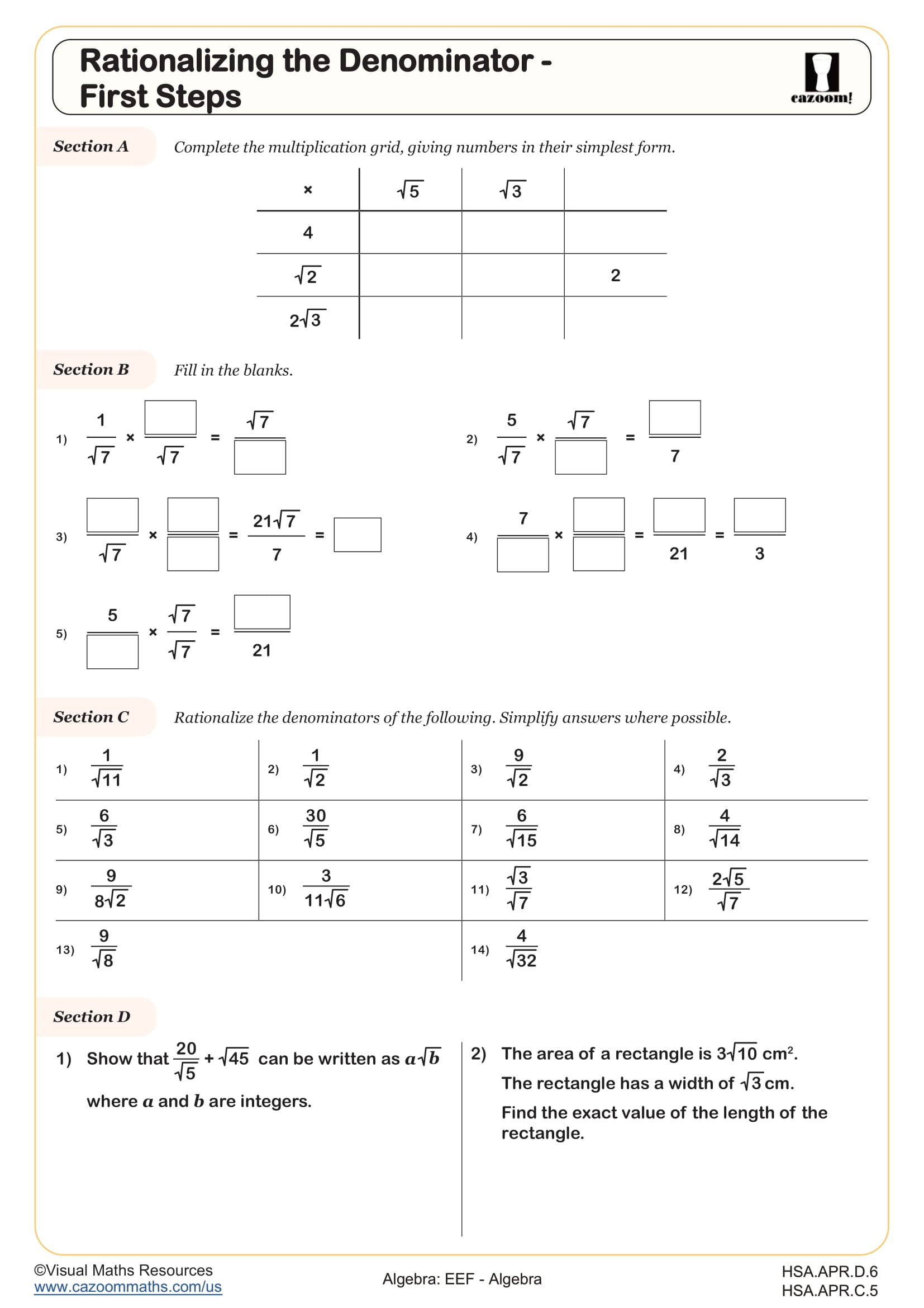 Preview of Rationalizing the Denominator - First Steps