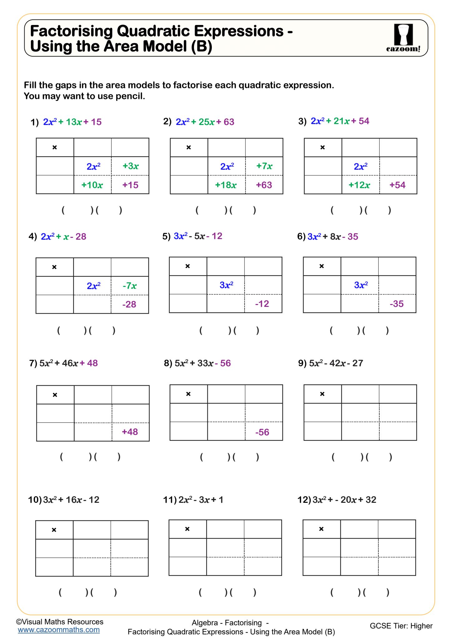 Preview of Factorising Quadratic Expressions - Using the Area Model
