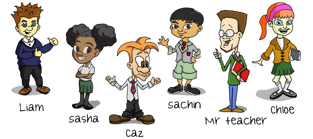 Cazoom Maths Family - Meet our diverse cast of characters including Liam, Sasha, Caz, Sachin, Mr Teacher, and Chloe