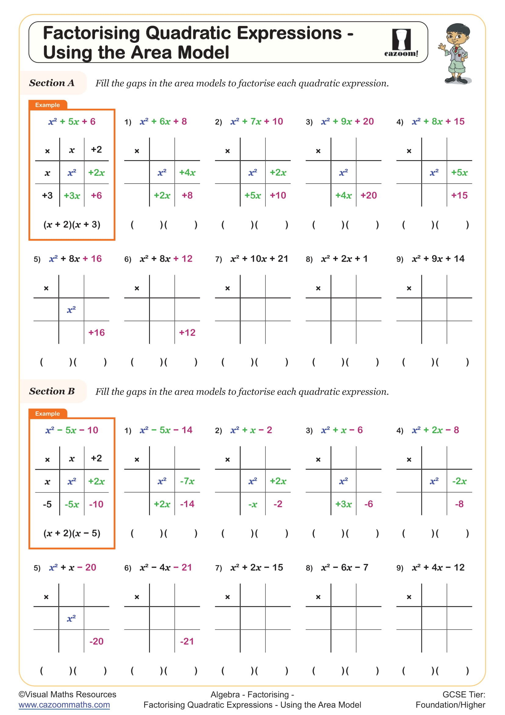 Cazoom Maths Factorising Factorising Quadratic Expressions Using The Area Model Worksheet