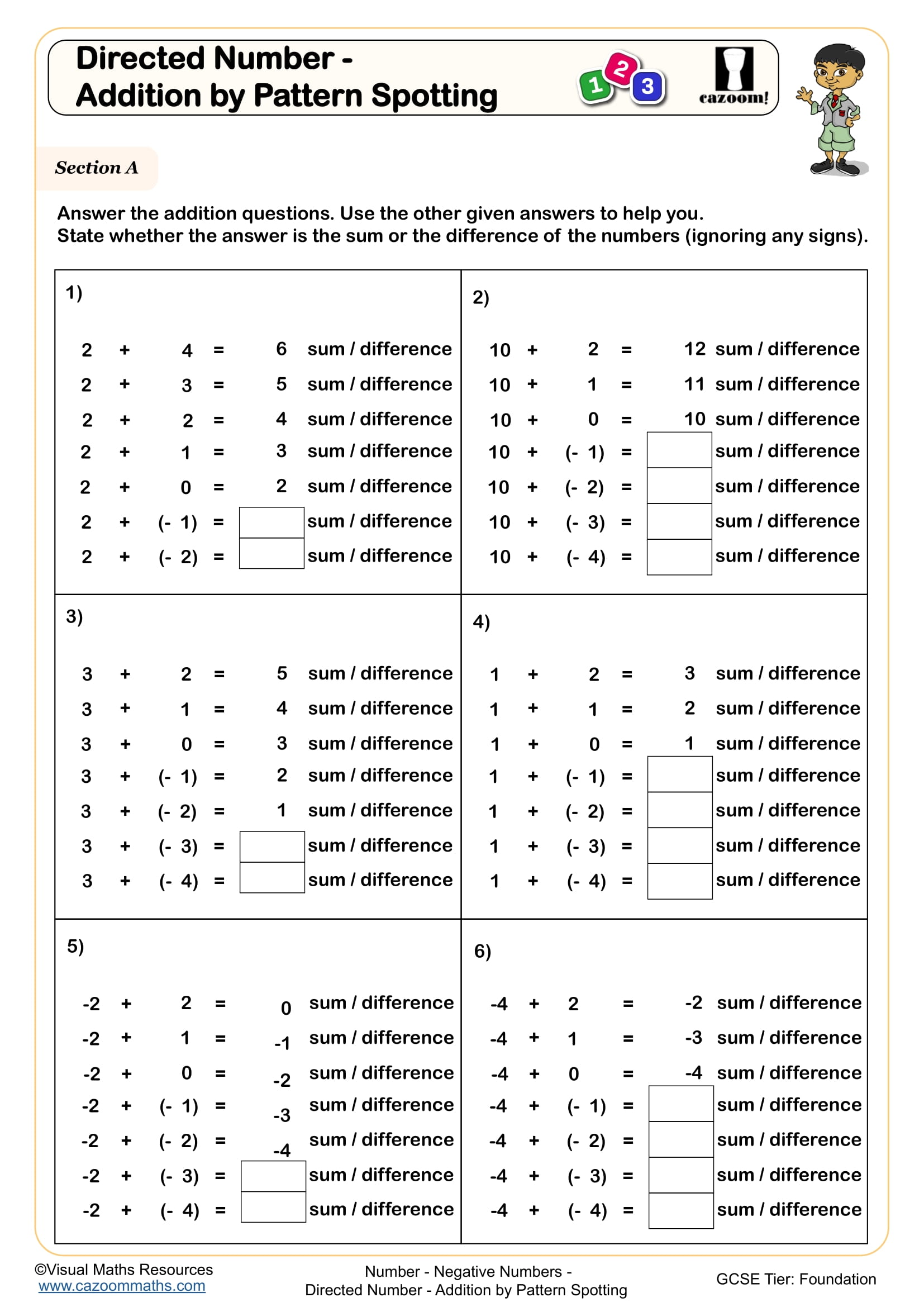 Preview of Directed Number – Addition by Pattern Spotting