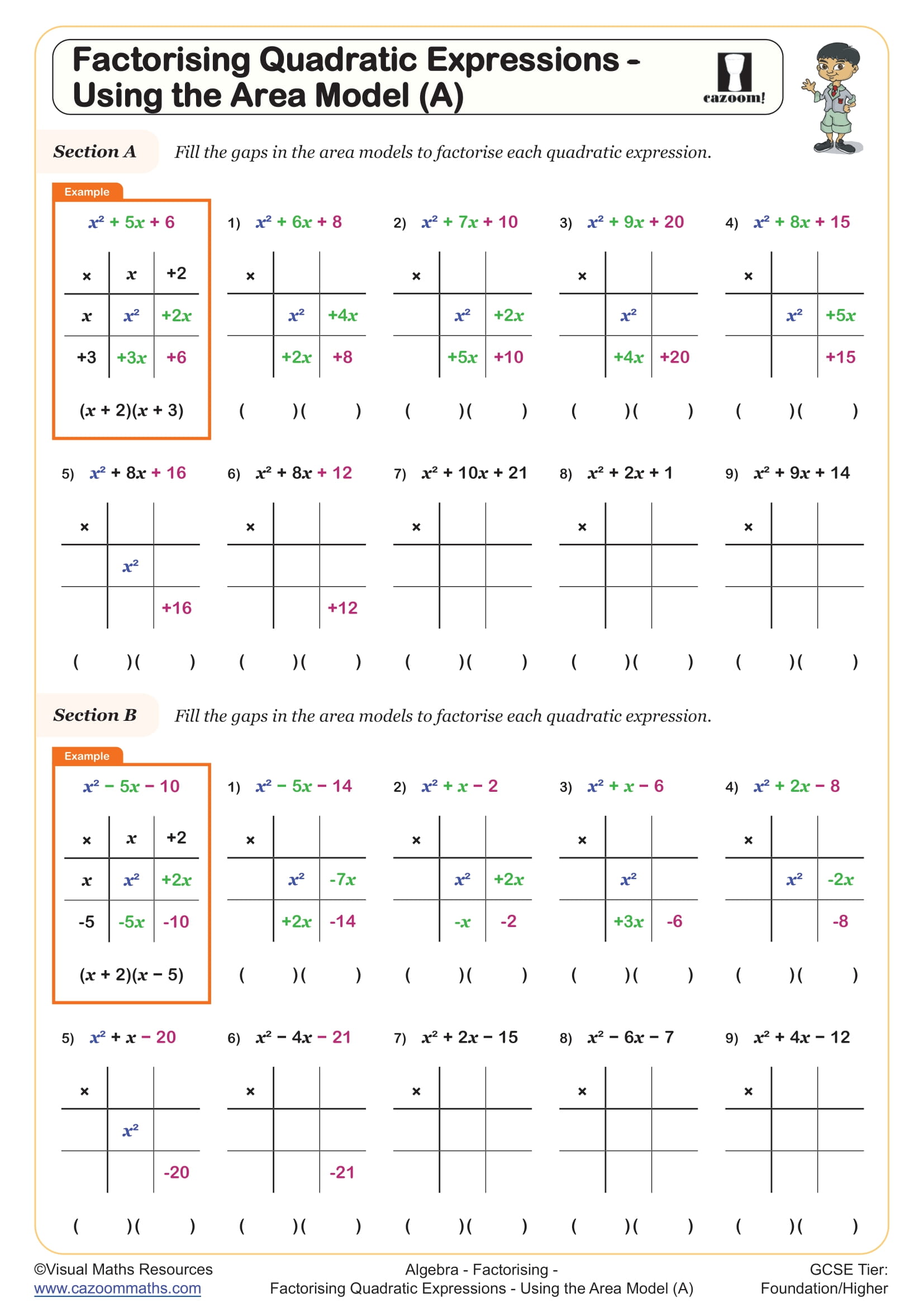 Preview of Factorising Quadratic Expressions - Using the Area Model (A)