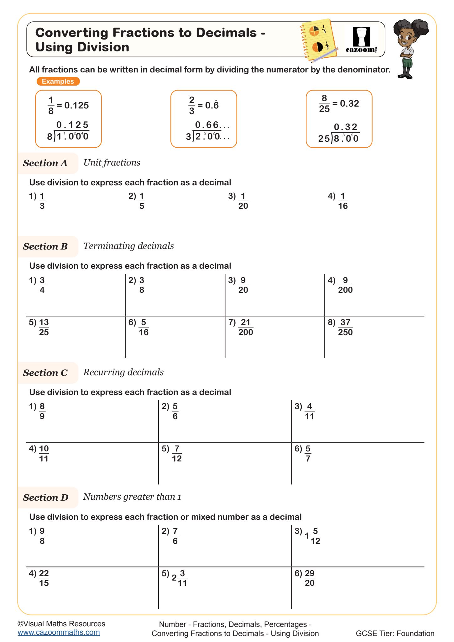 Preview of Converting Fractions to Decimals - Using Equivalent Fractions