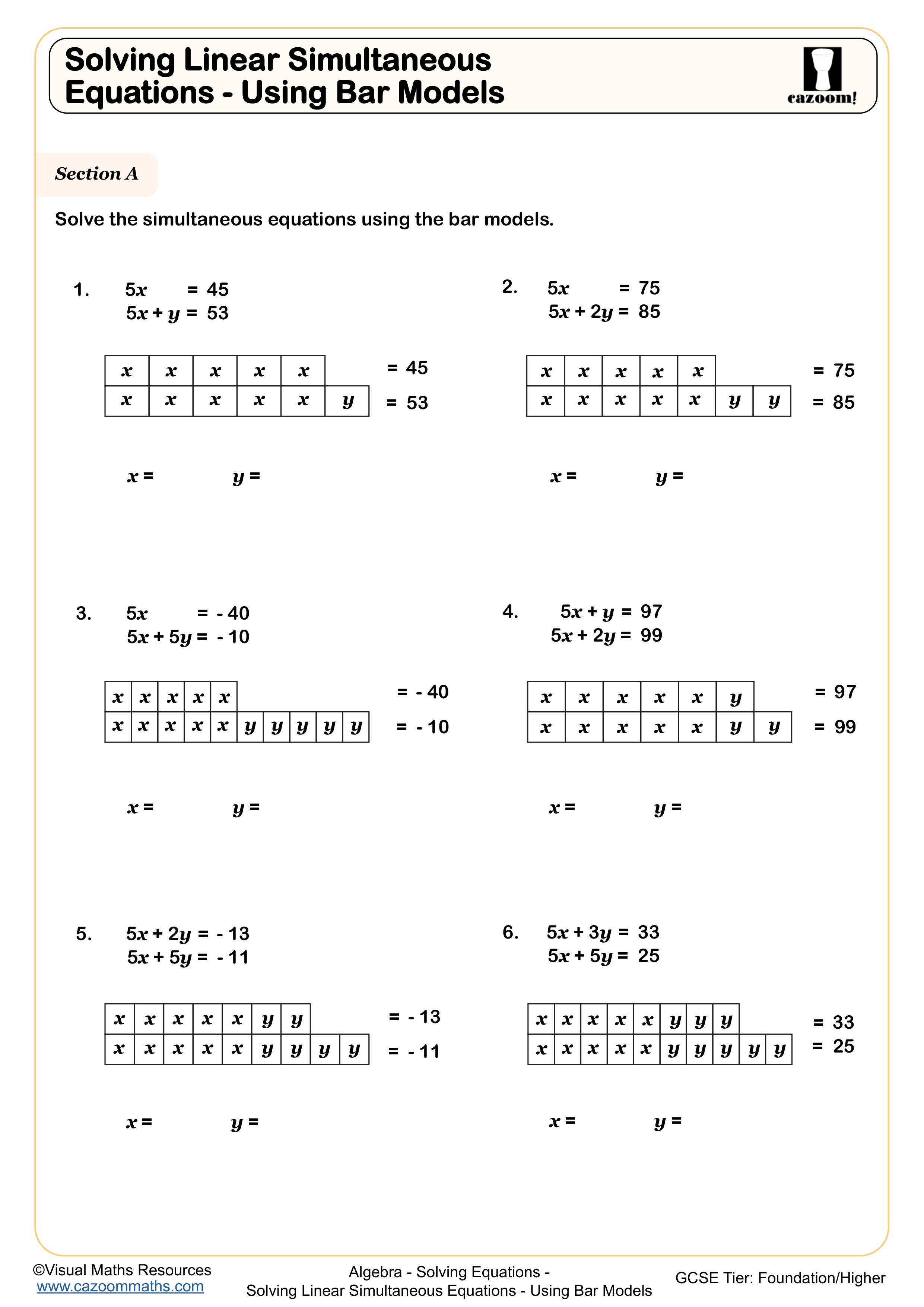 Preview of Solving Linear Simultaneous Equations - Using Bar Models