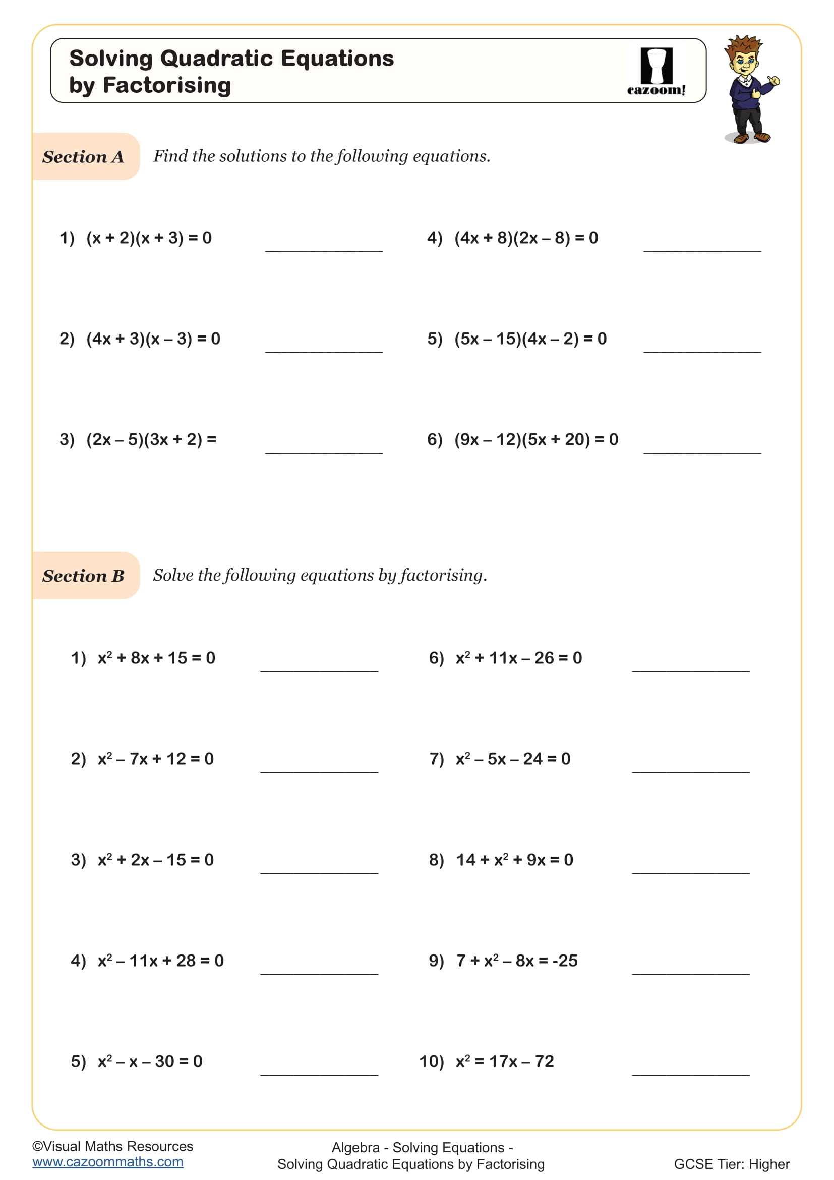 Preview of Solving Quadratic Equations (B) (by Factorising)