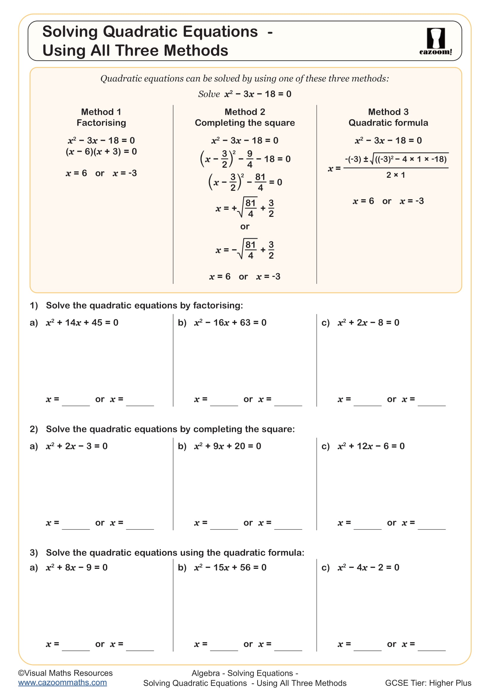 Preview of Solving Quadratic Equations (E) - Using all Three Methods
